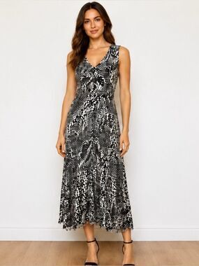For Cynthia Sleeveless V-Neck Midi Dress Black & White Abstract Print Size Small